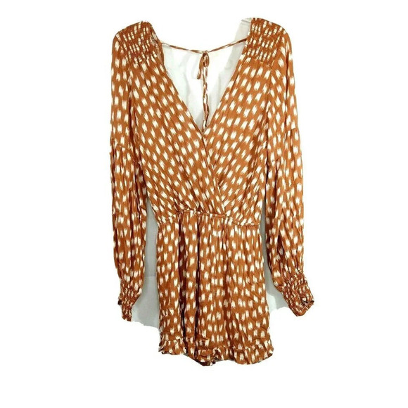 emory park Pants - Emory Park Romper Shorts Plunge V-neck Women Size M Brown White Long Sleeve